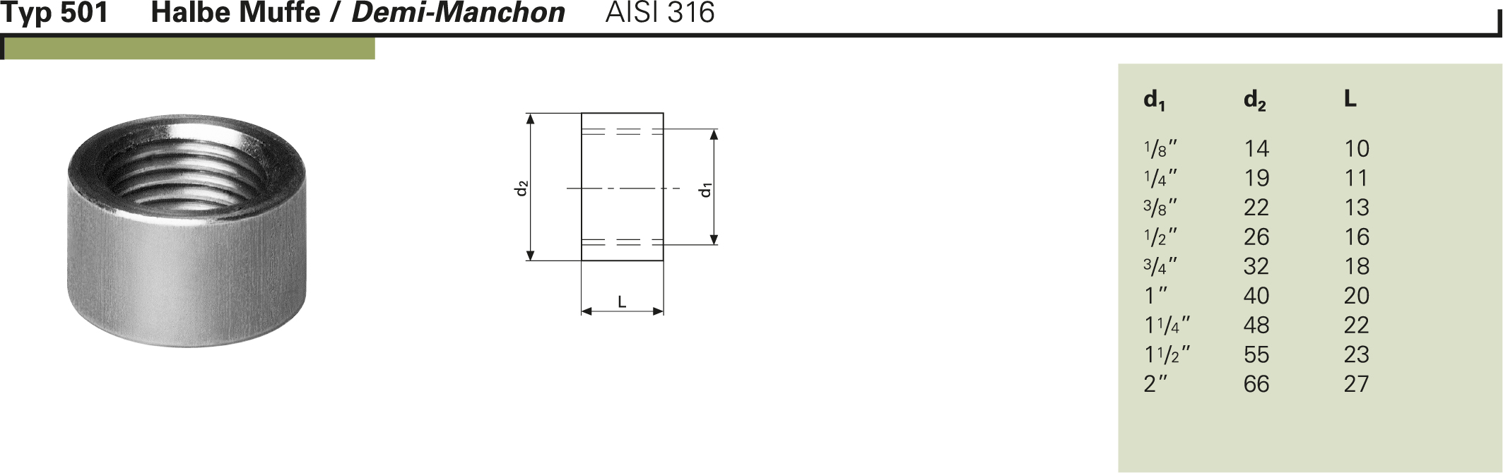 Halbe Muffe in Edelstahl